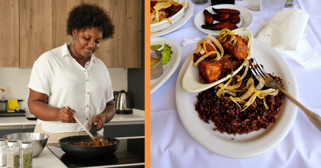 Platos tradicionales de la comida cubana, incluyendo Ropa Vieja, Picadillo, y Tostones.