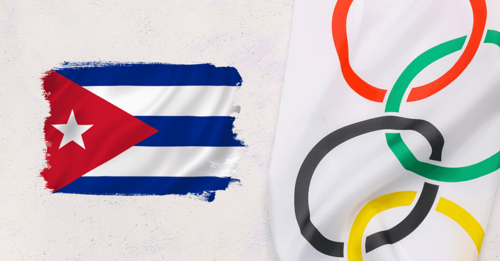 Bandera de Cuba junto a la bandera olímpica, representando la participación de atletas cubanos en los Juegos Olímpicos de París 2024 bajo otras banderas.