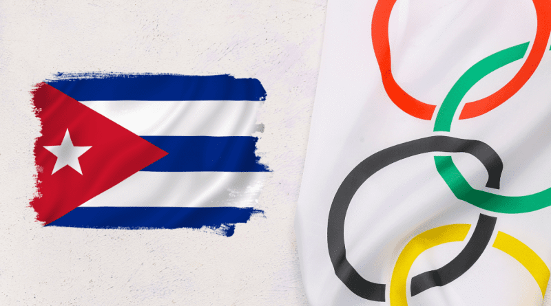 Bandera de Cuba junto a la bandera olímpica, representando la participación de atletas cubanos en los Juegos Olímpicos de París 2024 bajo otras banderas.