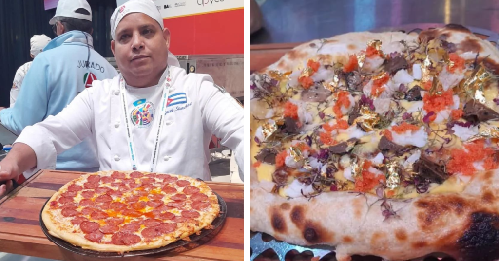 Miguel Sánchez, segundo mejor pizzero del mundo, con su pizza ganadora.