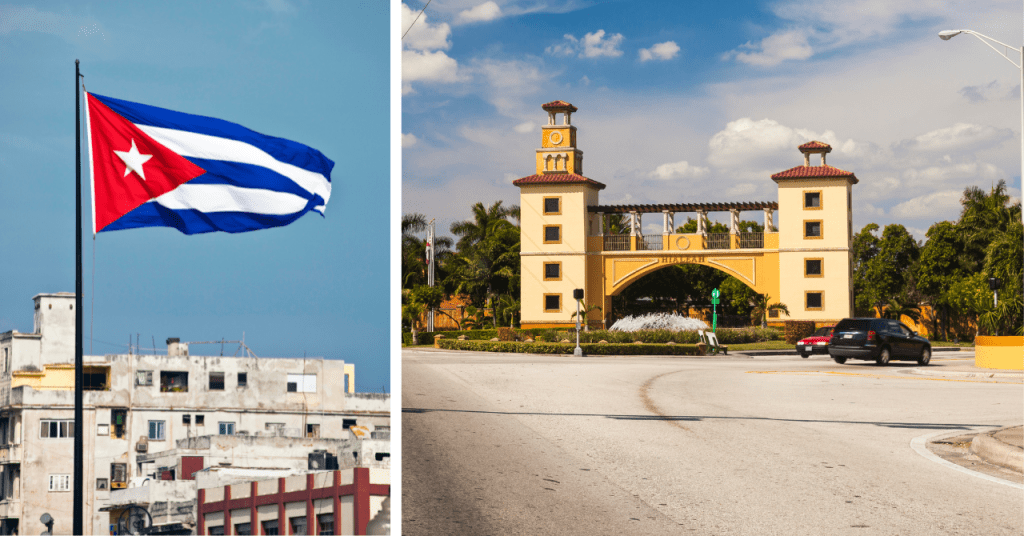 La bandera cubana ondeando sobre edificios típicos de La Habana junto a un icónico arco en Hialeah, Florida.