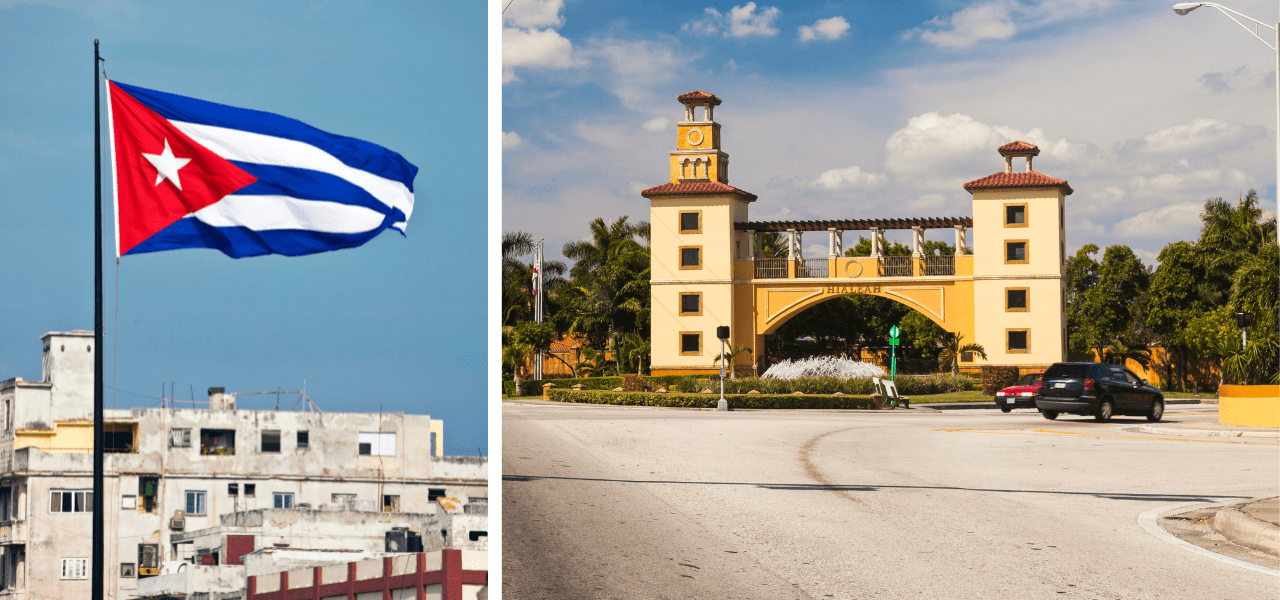 La bandera cubana ondeando sobre edificios típicos de La Habana junto a un icónico arco en Hialeah, Florida.