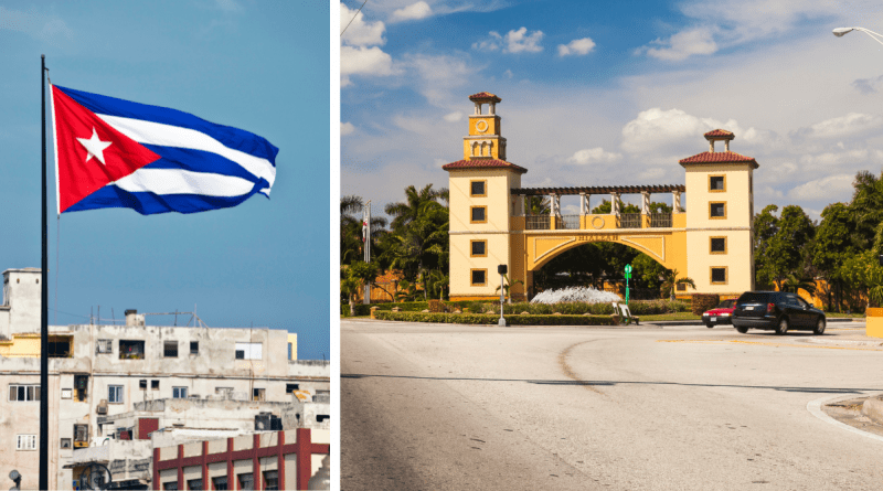 La bandera cubana ondeando sobre edificios típicos de La Habana junto a un icónico arco en Hialeah, Florida.