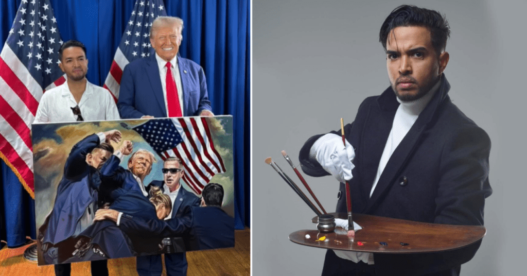 Pintor cubano Enrique Tur entrega cuadro a Trump en rally en Carolina del Norte.