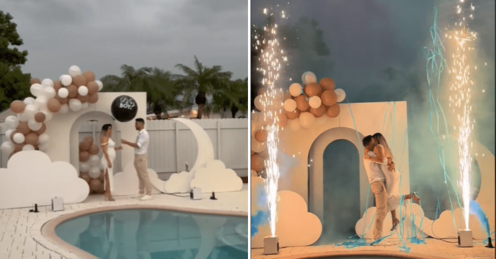 Pareja cubana en un gender reveal con humo azul