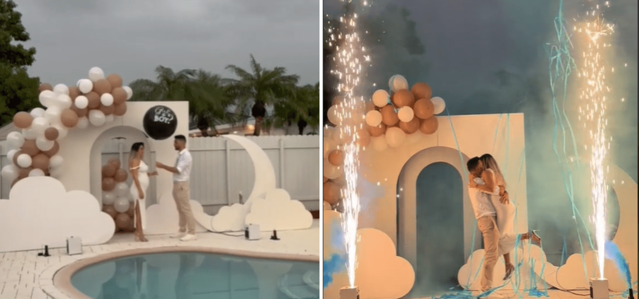 Pareja cubana en un gender reveal con humo azul