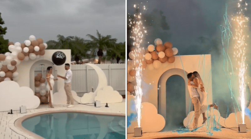 Pareja cubana en un gender reveal con humo azul