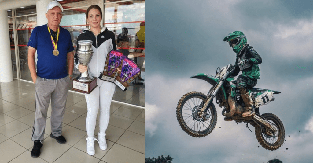 Cubana campeona de motocross Biagna Xiomara Rodríguez compitiendo en Colombia.