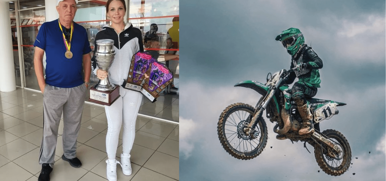 Cubana campeona de motocross Biagna Xiomara Rodríguez compitiendo en Colombia.