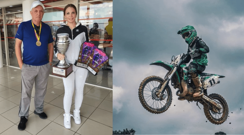 Cubana campeona de motocross Biagna Xiomara Rodríguez compitiendo en Colombia.