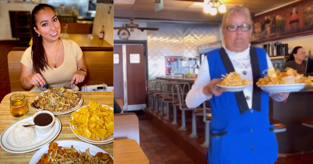 Restaurante cubano Río Cristal en Miami con empleados mayores de 65 años sirviendo comida casera.