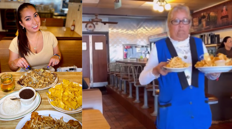 Restaurante cubano Río Cristal en Miami con empleados mayores de 65 años sirviendo comida casera.