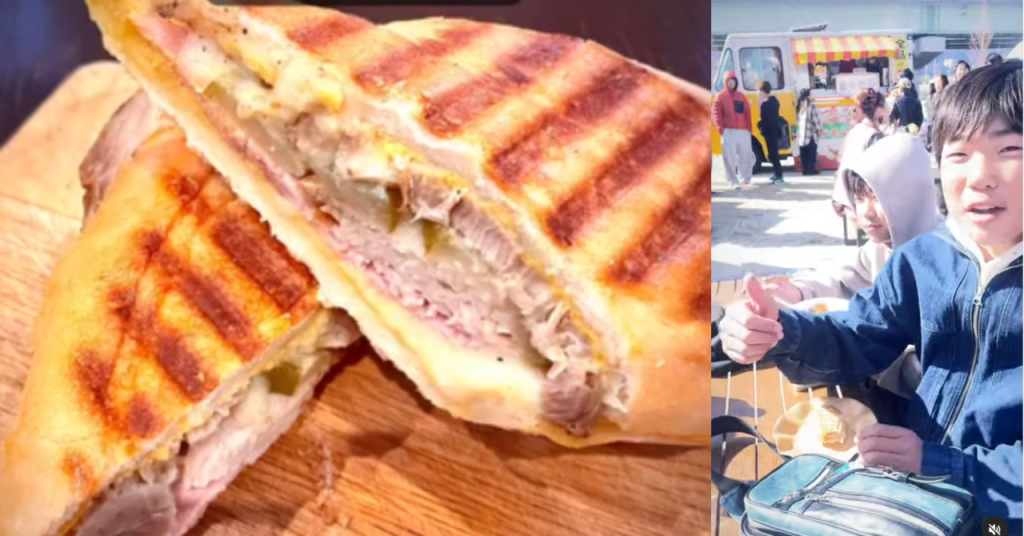 Boxeador cubano Valodia Carrero sirviendo un sándwich cubano en su food truck en Japón.